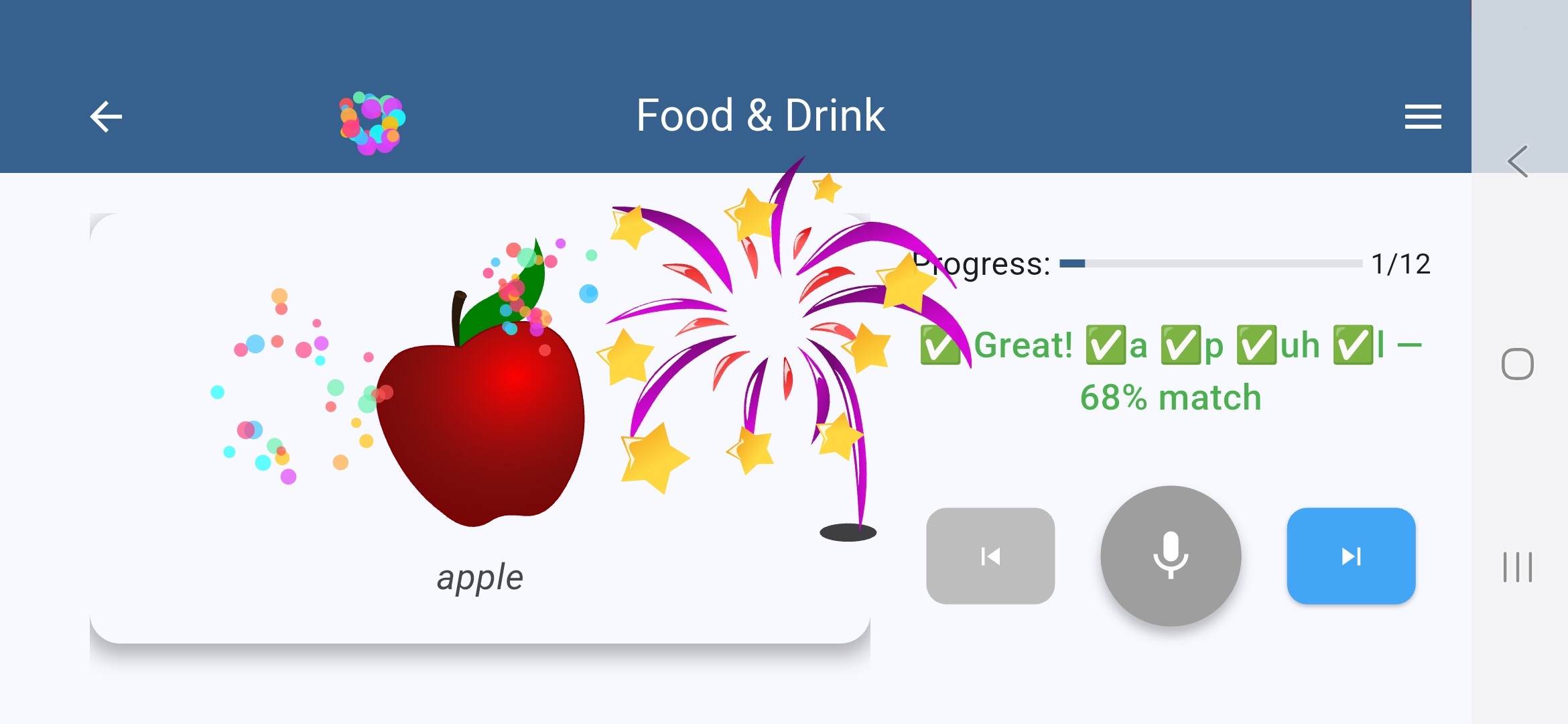 Practice screen for the word 'apple' with a fireworks animation celebrating a correct pronunciation